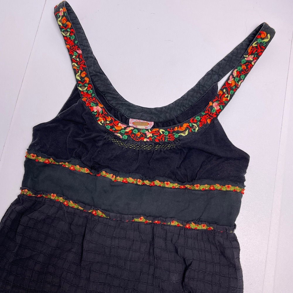 Free People Women's 6 ? Black Red Floral Embroidered Boho Tank Empire Waist Tie